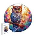 Irregular wooden puzzle featuring a colorful painted owl pattern in a white gift box - F07 Owl - Size S