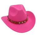 Close-up of pink wool felt cowboy hat featuring brown leather band with silver rivets - One Size / Rose Red
