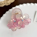 Pink floral acetate hair claw clip with iridescent finish and sparkling diamond accents - 6.1cm / Pink