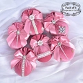 Set de 6 bolas de Navidad en terciopelo rosa con lazos, perlas y detalles de strass - Juego de 6 / Oro rosa