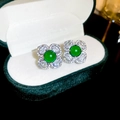 Macro shot of vintage emerald flower earrings with white diamonds in a velvet box - Silver-Green (S925 Silver Needle)