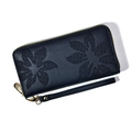 Dunkelblaue PU-Leder-Geldbörse mit Blumenprägung und passender Handgelenkschlaufe - Schwarz
