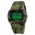 Digital sports watch featuring green camouflage resin strap and square LED display - Army Green Camo