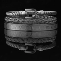 Three-piece men's titanium steel bracelet set featuring cable, woven, and Roman numeral bands - Black Horseshoe Buckle 3-Piece Set-1