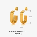 18K gold plated stainless steel U-shaped earrings with vertical textured grooves - 1.9x0.4cm / Gold