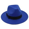 Close-up of royal blue wool felt fedora hat featuring a black grosgrain ribbon and bow - One Size / Royal Blue