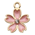 Pendente a fiore in smalto rosa con cornice in metallo dorato e strass centrale - Fiore di Ciliegio con Strass