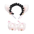 Detailed set of plush cat ear headband and wristbands with metal bells and satin bows - White Cat Ears with Black Lace + White Wristbands
