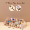 Set of 27 natural raw mineral specimens in glass jars with acrylic display and magnifier - Acrylic Stand Mineral Specimen Box