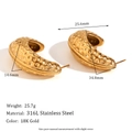18K gold plated stainless steel J-shaped earrings with hammered peanut shell texture - Hammered Texture Peanut Shell J-Shaped Earrings Gold