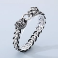 Mens stainless steel bracelet featuring double lion heads in vintage silver and black leather - 22cm / Lion Head Style (KB154970-KJX)