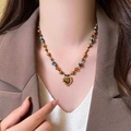 Vintage heart-shaped tiger eye stone pendant necklace with brown beaded strand - Heart-Shaped Tiger Eye Beaded Necklace (10# Necklace-Gold-Coffee)