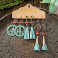 Bohemian 3-piece earring set featuring turquoise, bronze peace signs and red cotton tassels - Peace Sign Long Tassel Tree Style (HQEF-1572)