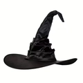 Ruched black witch hat in shiny satin fabric for Halloween and cosplay events - Pleated Black Satin