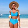 Bright blue high waisted two-piece bikini swimsuit with cross-wrap top and striped waistband - Blue