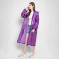 Translucent purple EVA reusable raincoat with hood and white buttons for outdoor use - Drawstring / Purple