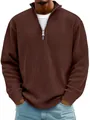 Detail of dark brown ribbed knit polo shirt with silver half-zip stand collar - Coffee