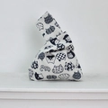 Detail of Japanese knot wrist bag featuring cotton linen fabric and cat patterns - Blue Cat on White