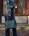 Minimalist dark green PU leather tote bag featuring a gold metal buckle and dual handles - Dark Green