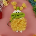Handmade crochet sausage mouth keycase in yellow yarn with green scarf and metal ring - Light Yellow Wool Style