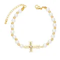 Elegant gold cross bracelet with white pearls and sparkling crystal pendant for women - B-Zirconia Cross