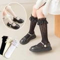 Lace ruffle knee-high socks for girls in black, beige, and white color variants - One Size / Heart Mid-Calf Black