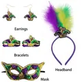 Five-piece Mardi Gras accessory set with purple green and gold sequins and feathers - Mardi Gras Set (Headband, Mask, Bracelets, Ear Hooks)