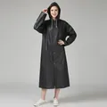 Long hooded black rain poncho with snap buttons and drawstring for outdoor use - Black