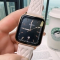 Montre à quartz carrée pour femme avec cadran noir et bracelet en cuir beige matelassé - Blanc