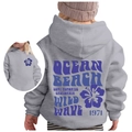 Medium gray kids hoodie with purple vintage Ocean Beach 1971 surf print on the back - 100cm / Light Grey (Purple Print)