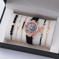 Women's 6-piece quartz watch set with black leather strap and beaded charm bracelets - Style 5 (No Gift Box)