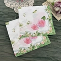 Square floral paper napkins featuring pink roses and musical notes on white background - Green Edge Pink Flower