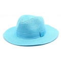 Close-up of sky blue straw Panama hat featuring a flat top and matching ribbon bow detail - M (56-58cm) / Lake Blue