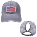Detailed view of the distressed grey ponytail baseball cap with an American flag patch. - Ponytail Hole Design / Gray - American Flag