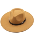 Fashionable wool felt wide brim fedora hat with black studded leather band in ginger yellow - M (56-58cm) / Ginger With Leather Band Silver Buckle (05)