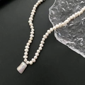 Elegant natural Baroque pearl necklace with a rectangular iridescent shell pendant - 03-B16 Titanium Steel Natural Pearl Necklace Silver Square Pendant