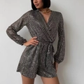 Schicker Langarm-Pailletten-Jumpsuit in Gold mit Wickel-V-Ausschnitt und Bindegürtel - S / Oberteil Und Unterteil / Schwarz Silber