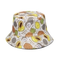 Close-up of fruit print bucket hat with papaya, coconut and pineapple patterns - White Tropical Fruit Letter Print (10)