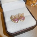 8# 925 Sterling Silver Earring Post - Pink Heart Zirconia (Real Gold Plated)