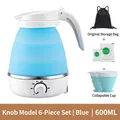 Blue 600ml collapsible silicone electric kettle set with travel bag and cups - Knob Style - 6-piece Set (blue) / European Standard Plug (in Stock) 220v