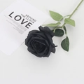 Single black velvet artificial rose with green leaves on white background - Round Silk Black