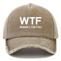 Khaki distressed baseball cap with WTF WHERE'S THE FISH print and mesh back detail - One Size / Khaki