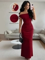 Off-shoulder wine red maxi dress with gold hardware and slimming pleated waist design - S / Burgundy