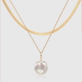 Collana a doppio strato dorata con un pendente di perla barocca bianca naturale - Set Perla Irregolare + Catena a Serpente Dorata