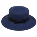 Navy blue straw boater hat with a black satin ribbon and bow on a white background - Ribbon Bow Decor Band Style (303G)
