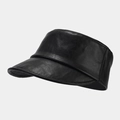 Side view of black PU leather equestrian hat showing fine texture and modern visor curve - Black
