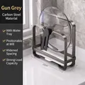 Gunmetal grey carbon steel kitchen knife and pot lid rack with white drain tray - Single Layer Simple Pot Lid Holder-Gun Grey (With Drip Tray)