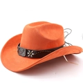 Detail of orange suede cowboy hat featuring eagle metal buckle and floral silver rivets - M (56-58cm) / Orange