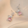 Elegant silver rabbit drop earrings with pink heart zircon and white pear stones - Pink Heart Rabbit Style (E0655) / Silver