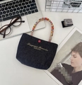 Mini sac cabas en denim bleu avec anses en corde colorées et broderie dorée - Mini / Rouge & Orange
